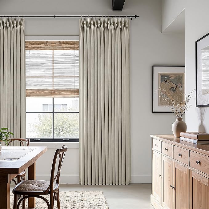 Grey Beige Pleated Linen Curtains 105 Inch Length 2 Panels Set Semi Sheer Light Filtering Tan Brown Window Drapes for Living Room Modern Viral Pinch Pleated Curtains 105 Inches with Hooks Rings Clips