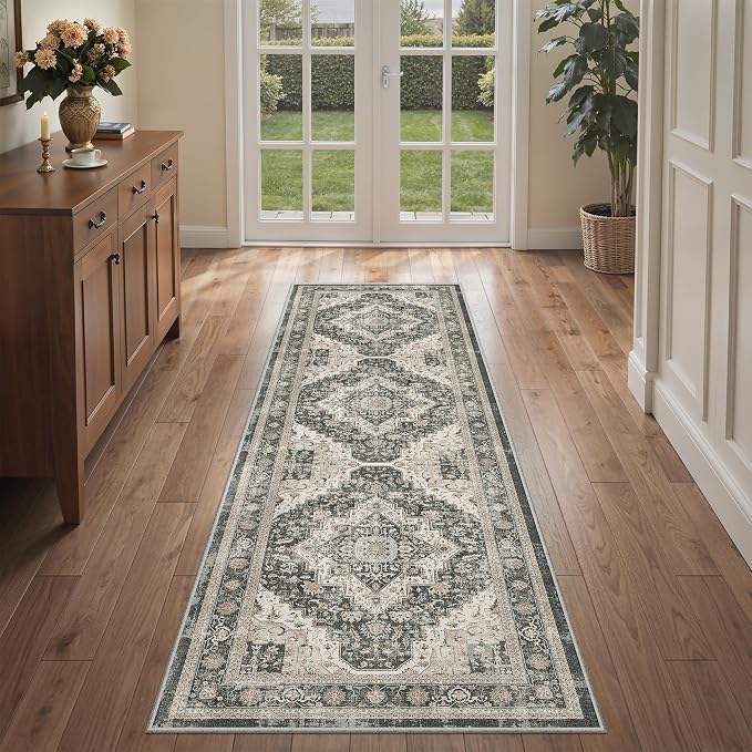 Roxstand Washable 2x6 Hallway Runner Rug, Black/Beige | Low-Pile Carpet, Non-slip Backing,6ft Runner, Stain Resistant, Runner for Kitchen, Laundry Room, Entryway, Vintage Design