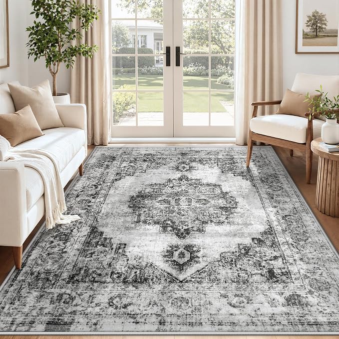 Area Rug 5x7 Vintage Rugs: Washable Indoor Medallion Rug Low Pile Distressed Floor Carpet Retro Accent Rugs for Living Room Bedroom Kitchen Dining Table Home Office(Black, 5'x7')