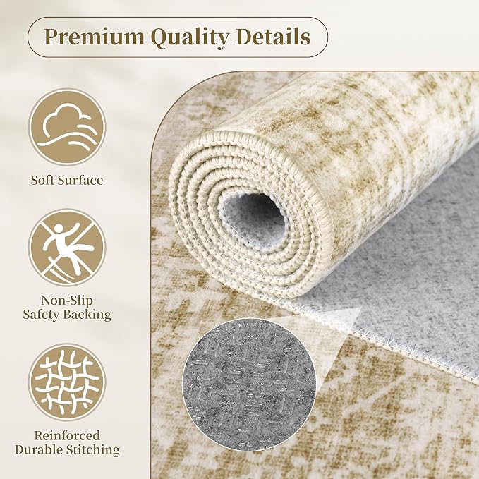 Beige 5x7 Area Rugs, Neutral Vintage Boho Carpet for Bedroom | for Living Room and Dining Room, Washable Low Pile Nursery Area Rug with Non-Slip Silicone Backing, Non-Shedding, Thin