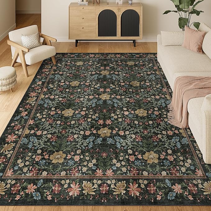 DUKINO 8x10 Area Rugs, Vintage Floral Washable Rug for Living Room, Black | Non Slip, Low Pile, Non-Shedding, Stain Resistant, Aesthetic Soft Indoor Large Carpet for Bedroom, Dining Room, Farmhouse
