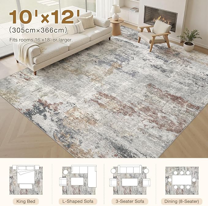 DMOYEST 10x12 Area Rug for Living Room, Washable & Non Slip Large Indoor Carpet, Kid & Pet Friendly Soft Thin Low Pile Abstract Rug for Bedroom and Office - Grey/Orange/Yellow