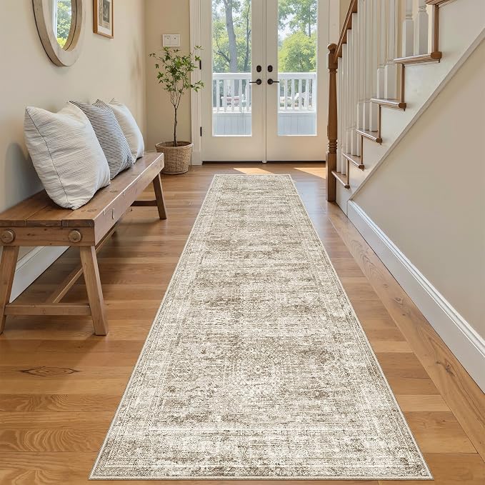 Soalmost Washable Runner Rug, 2'6" x 8' Non-Slip Kitchen Vintage Foldable Hallway Runners for Entryway, Laundry, Bedroom, Brown