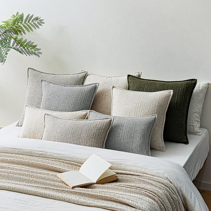 a moment Linen Pillow Covers Set of 2,Boho Farmhouse Throw Pillowcases Neutral Textured Decorative Covers for Couch Sofa,Soft Linen Blend Accent Case Cushion Living Room Home Decor 18"x18"Sky Gray