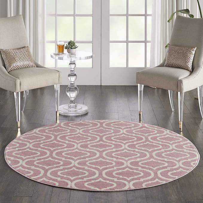 Nourison Home Jubilant Pink 5'3" x Round Area Rug - Easy Clean, Non Shedding, Bed Room, Living Room, Dining Room, Kitchen (5' x Round)