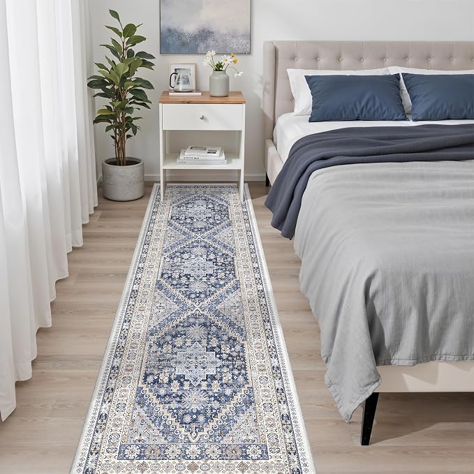 zesthome 2x7 Runner Rug Non Slip, Thin Entryway Washable Rug for Entryway, Runners for Hallways, Low Pile Vintage Abstract Soft Rugs for Living Room, Kitchen, Bedroom(Blue/Beige,2'x7')