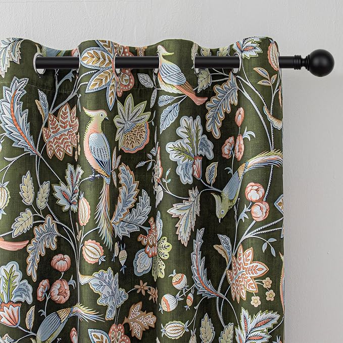 MYSKY HOME Green Boho Floral Blackout Living Room Curtains 84 inch Long Thermal Insulated Room Darkening Noise Reduce Cottage Curtains with Flower Bird Patterned Grommet Drapes, 2 Pcs, 52" Wide,