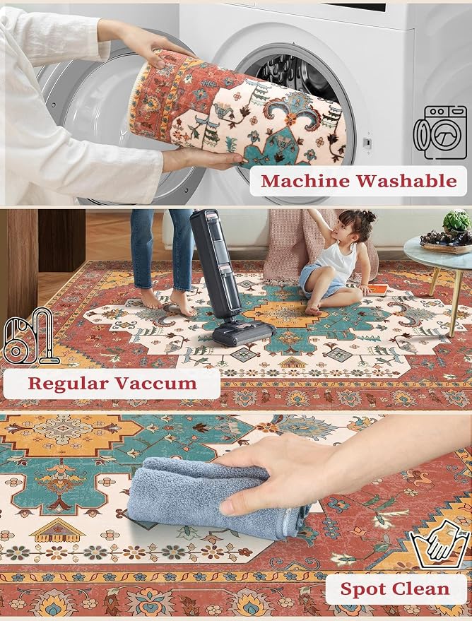 SERISSA Boho Washable Runner Rug, 2'6"x8' Non-Slip Vintage Orange Hallway Kitchen Runner Rug Ultra Soft Print Distressed Floor Carpet for Bedroom Bathroom Laundry Living Room