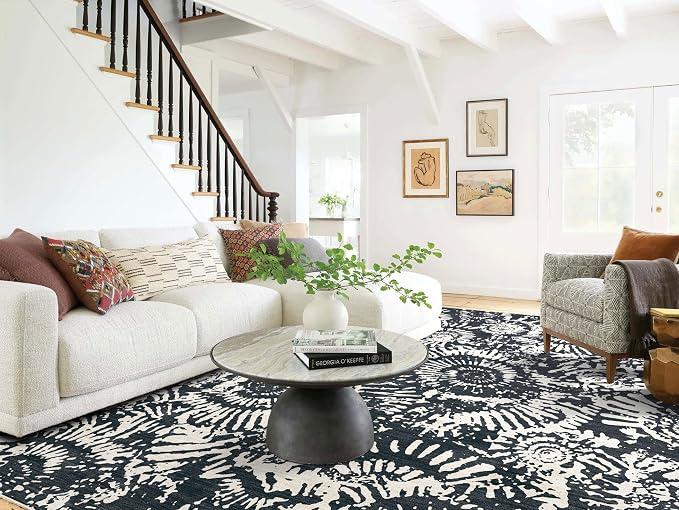 BLISSA Black White Living Room Rug - 8x10 Soft Washable Bedroom Area Rug Non-Slip Low-Pile Modern Contemporary Abstract Rugs for Living Room Bedroom Dining Room Under Table Nursery Foyer Large Carpet