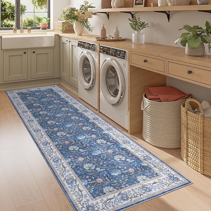 DUKINO 2x6 Runner Rug, Washable Vintage Floral Kitchen Rug, Sky Blue | Non Slip, Low Pile, Non-Shedding, Stain Resistant Soft Carpet Runner for Hallway Bathroom Entryway Bedroom Laundry Farmhouse