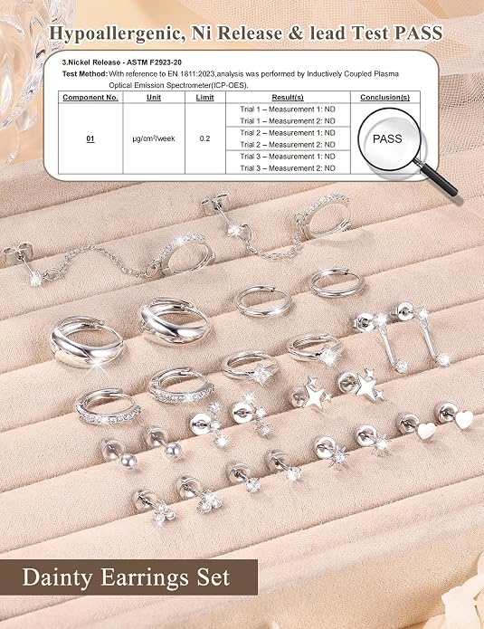 Florideco Flat Back Earrings Hypoallergenic Surgical Steel Earrings for Women Trendy Cartilage Chain Earring 14K Gold Plated Star Heart CZ Flatback Stud Earring Sets for Multiple Piercing