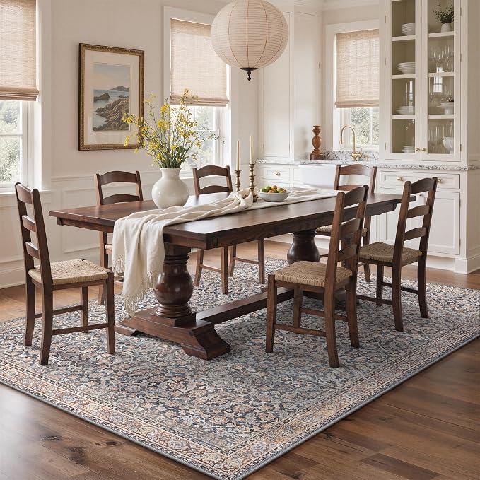 BESBLEE 4X6 Area Rugs Machine Washable Rugs for Living Room, Vintage Boho Large Rugs for Bedroom Dining Room, Non Slip Indoor Soft Distressed Lightweight Thin Low Pile Carpet, Blue Grey