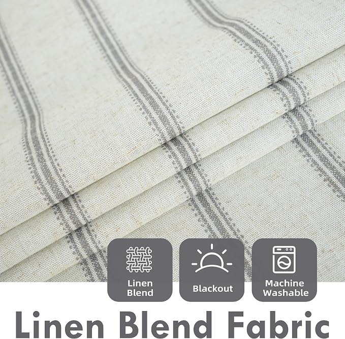 DriftAway Farmhouse Stripe Blackout Curtains, W52xL108, Gray | Blackout, Linen Texture, Stripe Pattern, Rod Pocket & Back Tab, Two Layers, Bedroom Living Room Use, Sound Reducing Design