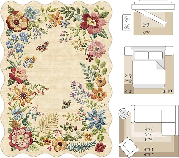 FMFUNCTEX 2x3 Washable Beige Floral Vintage Flower Scalloped Entryway Rug | Colorful Door Mat Traditional Non Slip Low Pile Boho Pattern Indoor Soft Small Thin Throw Rugs Entry Entrance Kitchen Laundry