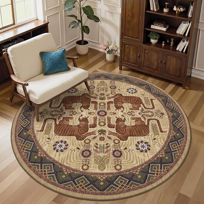 GarveeHome Tiger Round Area Rugs for Bedroom, 5ft Boho Brown Animal Print Circle Rugs Non Slip, Washable Vintage Tribal Floor Carpet for Dining Room Entryway Nursery Playroom Office