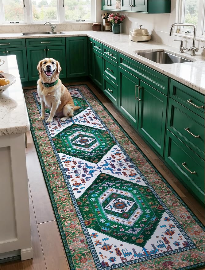 SERISSA Runner Rug for Hallways, 2'6"x8' Washable Non Slip Kitchen Runner Rug, Long Boho Rug Vintage Green White Hallway Stair Ultra Soft Print Floor Carpet for Bedroom Bathroom Laundry Room