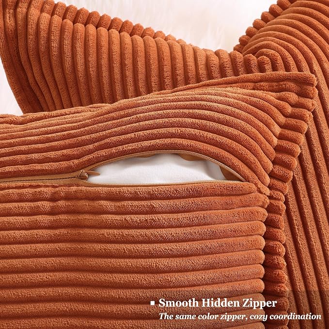 decorUhome Fall Corduroy Rust Throw Pillow Covers 20x20 Set of 2 | Couch Decorative Soft Modern Boho Farmhouse Pillow Covers Broadside Striped Pillow Cases for Living Room Bed Sofa