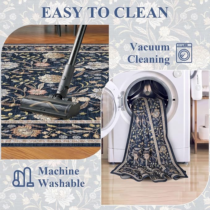 DUKINO 2x8 Runner Rug, Washable Vintage Floral Kitchen Rugs, Navy Blue | Non Slip, Low Pile, Stain Resistant Aesthetic Soft Carpet Runner for Hallway Bathroom Entryway Bedroom Farmhouse Laundry Room