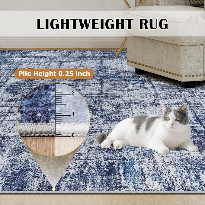 9x12 Area Rugs for Living Room Washable Rug: Anti-Skid Abstract Modern Living Room Rug Soft Thin Carpets Indoor Floor Non-Shedding Carpet for Bedroom Dining Farmhouse Nursery Navy Light Gray