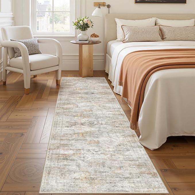 2x8 Runner Rug Non Slip,Washable Hallway Runner Rug,Green | Neutral Rugs for Kitchen,Entryway,Bedroom,Bathroom,Nursery Room,Thin,Soft Runner Rug,Stain Resistant Indoor Carpet