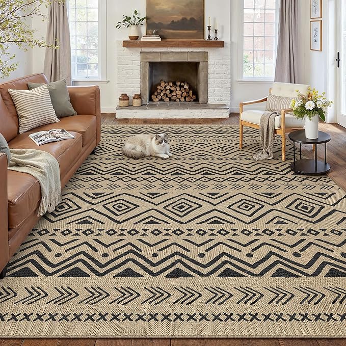 PureCozy 9x12 Easy Jute Outdoor Rug Black Boho Indoor Outdoor Area Rug Farmhouse Patio Carpet for Backyard, Patio, Porch, Living Room，Easy-Cleaning, High Traffic, Pet-Friendly, Non-Shedding