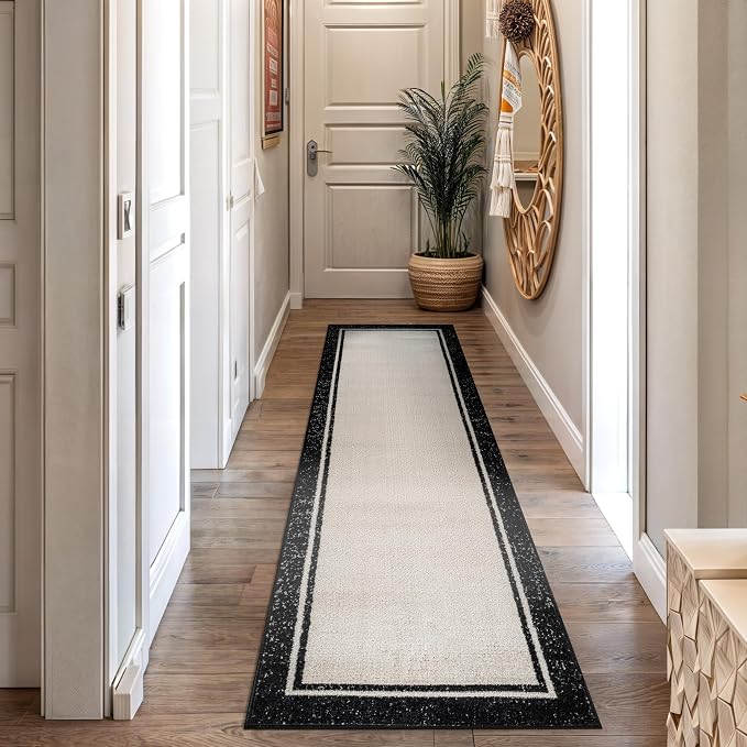 Rugshop Modern Transitional Bordered Runner Rug Low Pile Cream 2' 3" x 12'
