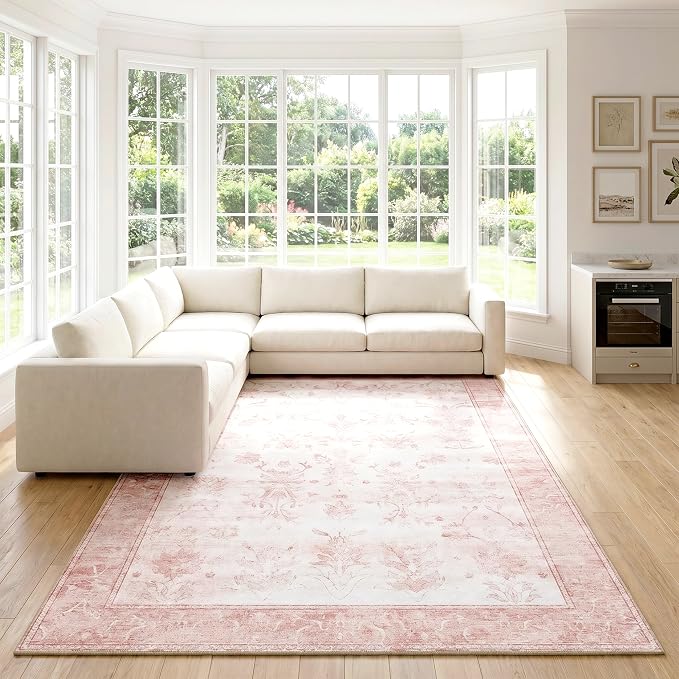 Washable Area Rug, 0.3" Low Pile Soft Nursery Rug for Baby, Cotton-Backed Non-Slip Silicone Grip, Water Stain Resistant Faux Wool Carpet for Girls Bedroom, 6'x9', Blush Pink/White