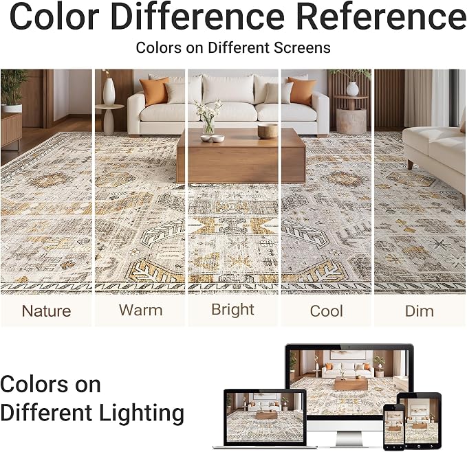 befbee 3x5 Rug, Ultra-Thin Area Rugs for Living Room,Non-Slip Lightweight Washable Rug for Bedroom,Kitchen,Entryway,Stain Resistant Small Carpet (Brown/Gold, 3'x5')