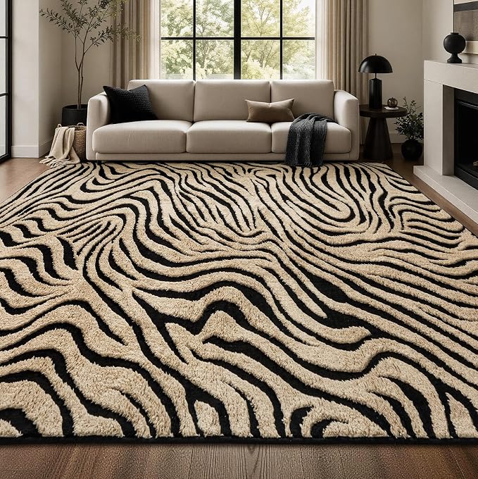 YIHOUSE 8×10 Ft Zebra Area Rugs Black and Beige: Washable Nonslip Plush Soft Rug for Living Room - High-Low Striped Carpet for Bedroom Dining Room Office Playroom Nursery Home Decor