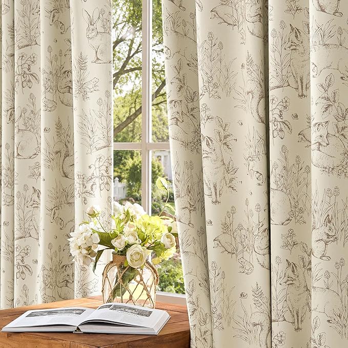 jinchan Taupe Blackout Curtains 84 Inch Whimsical Back Tab 2 Panels | Room darkening,nursery kids bedroom,privacy,whimsical,cottagecore,bunny pattern,botanical,nature-inspired decor