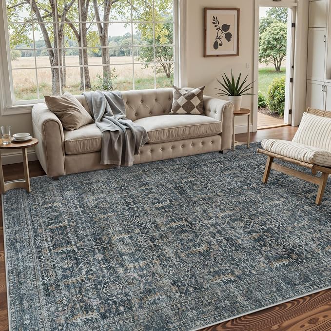 Collive Large Area Rug for Living Room 9x12, Washable Area Rug 9x12 Non Slip Vintage Distressed Bedroom Carpet Ultra-Thin Low Pile Aesthetic Print Floor Rug for Dining Guest Office - Blue/Grey