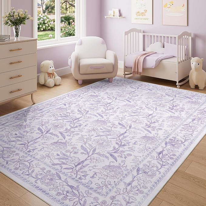 DUKINO 5x7 Area Rugs, Vintage Floral Washable Rug for Living Room, Purple | Non Slip, Low Pile, Non-Shedding, Stain Resistant Lightweight Boho Soft Carpet for Bedroom Home Office Dining Room Farmhouse