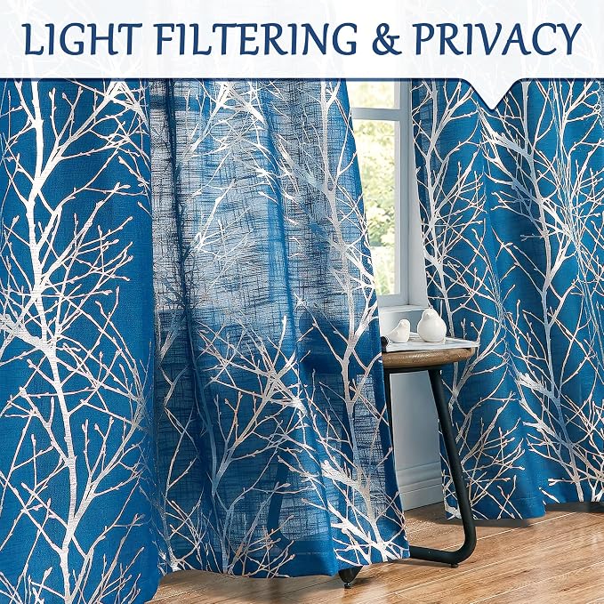 FMFUNCTEX Linen Silver Navy Blue Semi Sheer Print Curtains 63 Inch 2 Panels | Metallic Branch Sheer Patterned Drapes, Light Filtering Grommet Panels for Modern Farmhouse Bedroom and Living Room Style