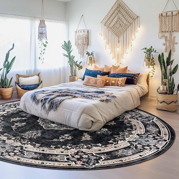 MUJOO Black Round Rug 9ft,Circle Washable Area Rug Non Slip Low-Pile Floral | Large Circular Rugs for Living Room Bedroom Dining Room Boho Throw Carpet Soft Floor Indoor Vintage Bohemian Flowers