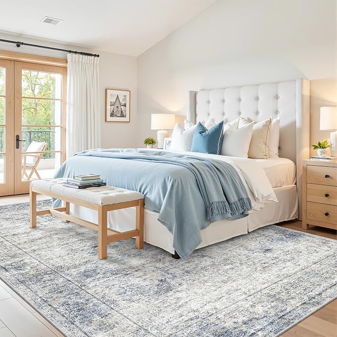 6x9 Area Rugs for Living Room,Large Washable Rug,Blue | Rugs for Bedroom,Dining Room,Office,Low Pile,Soft, Neutral Rug,Stain Resistant Indoor Carpet,Non Slip,Home Decor