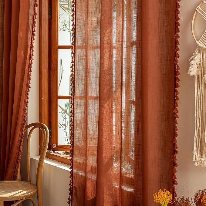 MYSKY HOME Boho Terracotta Tassel Curtains 84 Inches Long for Bedroom Living Room, Semi Sheer Light Filtering Bohemian Burnt Orange Curtains & Drapes for Sliding Door Privacy Farmhouse, 2 Panels