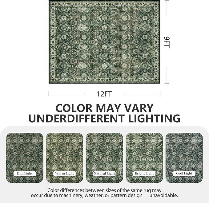 9x12 Area Rug, Soft Non Slip Low Pile Washable Rug, Boho Modern Large Rug for Living Room, Bedroom, Dining Room, Sage Green