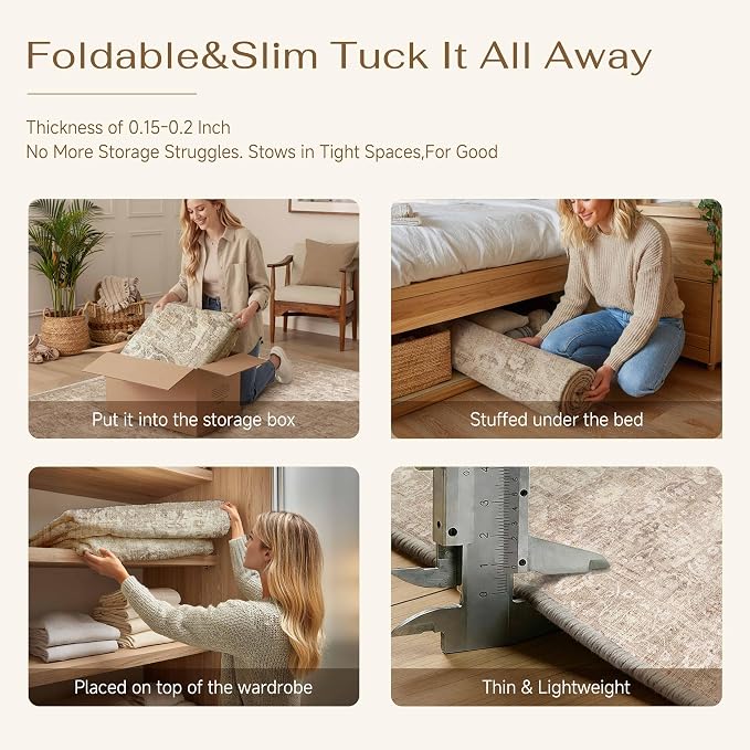 3x5 Beige Washable Area Rug for Entryway Neutral Soft Non Slip Carpet Low Pile Vintage Distressed Door Mat for Bathroom Bedroom Entrance Living Room