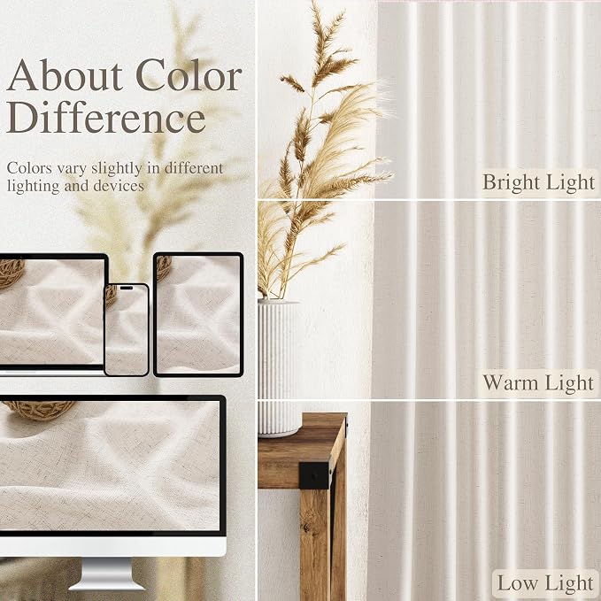Nanspring Beige Semi Sheer Linen Curtains 90 Inches Long for Living Room 2 Panels Set Back Tab Rod Pocket Linen Tall Vertical Curtains Light Filter Privacy Curtain Drapes for Bedroom Aesthetic 60x90