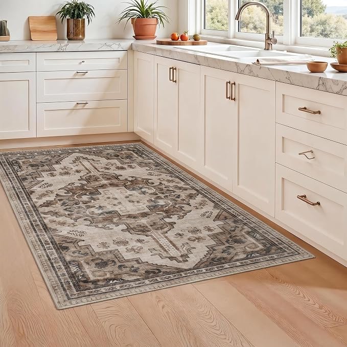 Joydeco 3x5 Area Rugs Vintage for Living Room, Light Coffee | Non Slip Machine Washable Low Pile for Living Room Bedroom Dining Room Home Office Pet & Child Friendly