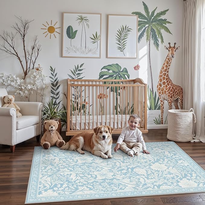 Clearance Area Rug 5x7 Washable Rugs for Bedroom, Vintage Floral Rug with Non Slip Backing, Low Pile Carpet for Living Room, Dinning Room, Light Blue