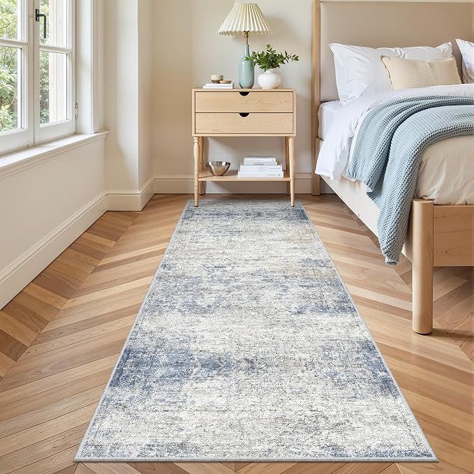 3x8 Runner Rug Non Slip,Washable Hallway Runner Rug,Blue | Neutral Rugs for Kitchen,Entryway,Bedroom,Bathroom,Nursery Room,Thin,Soft Runner Rug,Stain Resistant Indoor Carpet