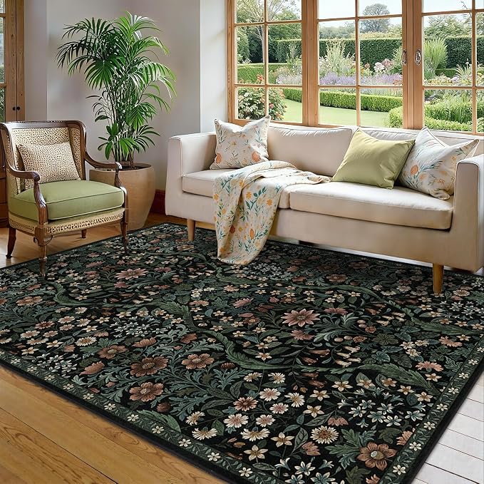 5×7 Black Washable Floral Area Rug,Vintage Boho Soft Low-Pile Living Room Rugs, Stain Resistant Botanical Non-Slip Carpet for Bedroom,Dining Room, Kids Nursery,Home Decor
