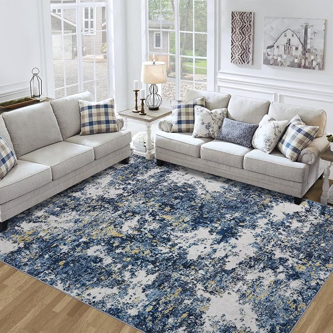 8x10 Area Rug for Living Room Bedroom: Large Washable Rug with Anti-Slip Backing Non-Shedding Stain-Resistant Soft Abstract Carpet for Dining Room Nursery Home Office (Blue/Multi)