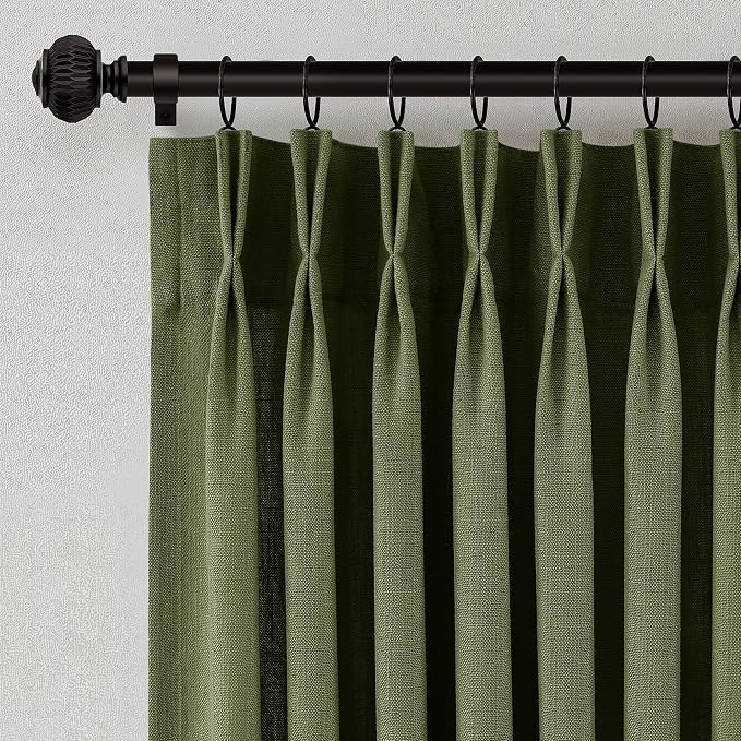 Olive Green Pleated Linen Curtains 90 Inches Long for Living Dining Room Bedroom Light Filtering Boho Window Drapes 2 Panels with Hooks Rings Clips Sliding Glass Door Semi Sheer Curtain Pinch Pleat