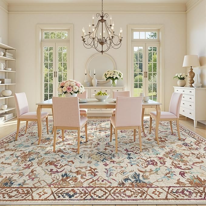 Deerly Beige Colorful Neutral Large Area Rug 9x12 for Living Room, Washable Rug for Dining Room Bedroom, Anti-Slip Low-Pile and Soft Accent Rug Farmhouse Office Home Decor Light Green