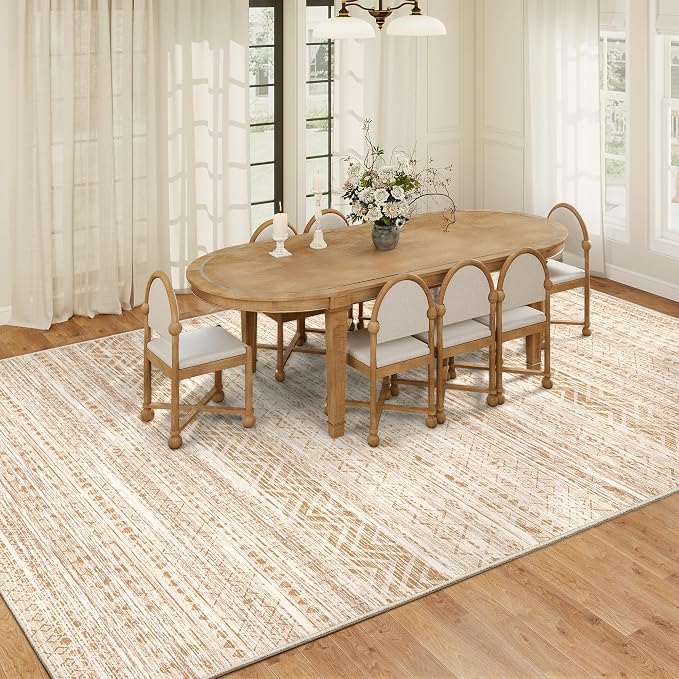 Miukiki 8x10 Area Rug for Living Room Moroccan Washable Rugs Non Slip Indoor Floor Carpet Foldable Large Soft Area Rug for Dining Room Bedroom with Low Pile(Beige,8'x10')