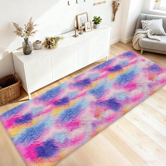 3x10 Hot Pink Runner Rainbow Rug for Girls Bedroom Bedside, Soft Fluffy Plush Runner Carpet Shag Kids Area Rug for Little Girls Room, Cute Colorful Princess Rug for Living Room Nursery Hallway