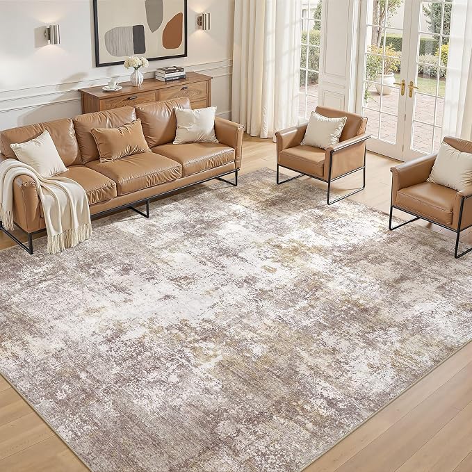 8x11 Washable Area Rugs for Living Room, Non Slip Soft Large Rugs for Bedroom Dining Room, Modern Abstract Low Pile Stain Resistant Carpet for Laundry Office Home Decor - Gold Brown