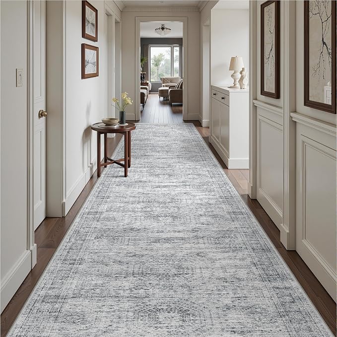 3x16 Runner Rug Non Slip,Washable Hallway Runner Rug,Grey | 16ft Runner Rug for Hallway,Entryway,Bedroom,Living Room,Thin,Soft, Extra Long Rug,Stain Resistant Indoor Carpet